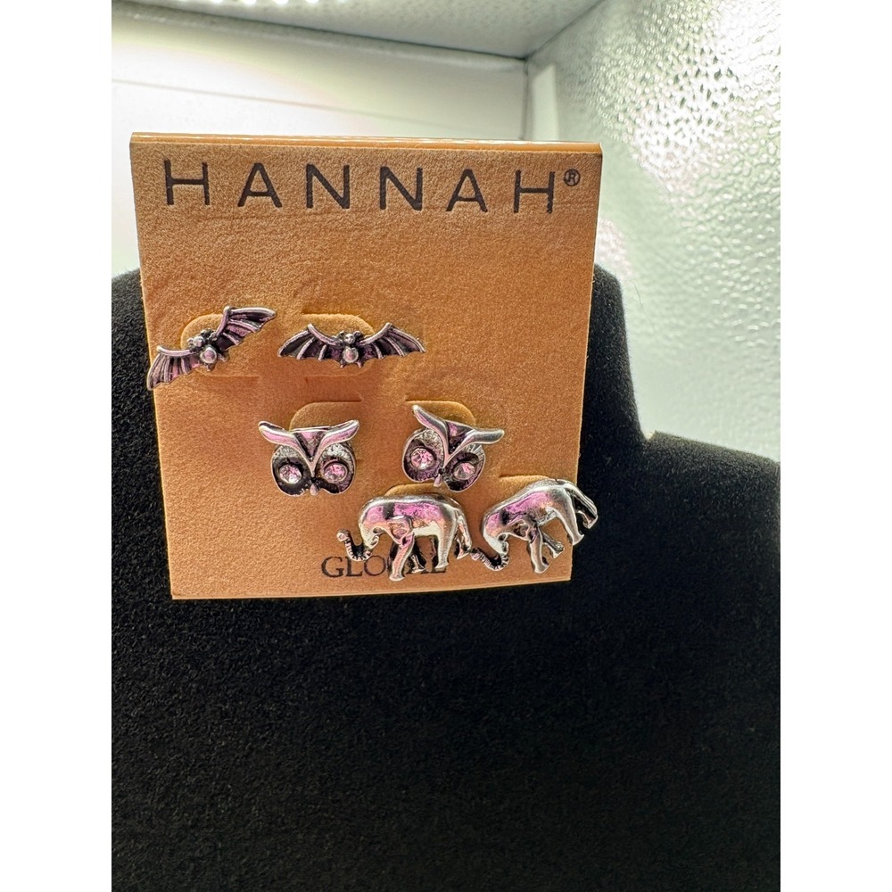 Hannah Global Animal Stud Earring Set Elephant Owl Bat Silver Tone Nickel-Free‎